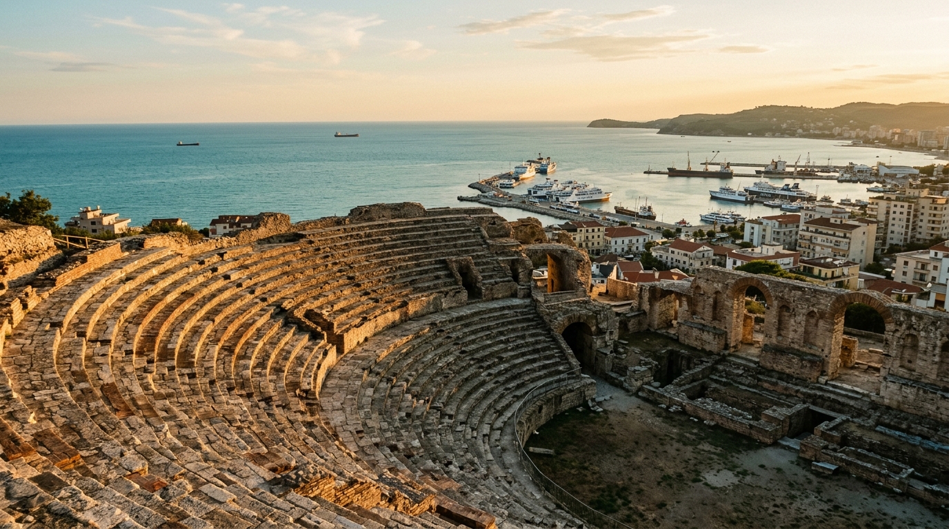 Durres amphitheater ruins with the port and Adriatic Sea visible in the background