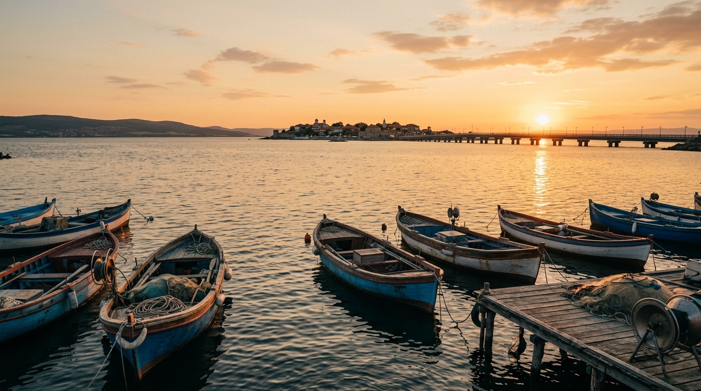Burgas Bay at golden hour with fishing boats in the foreground and the bridge to Nessebar visible in the distance