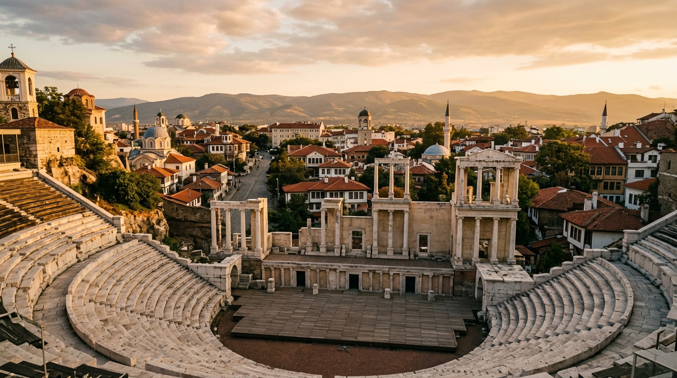 Plovdiv's ancient Roman amphitheater with the old town rooftops visible beyond
