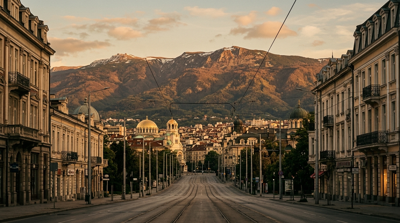 Sofia city with Vitosha Mountain looming in the background, seen from a downtown boulevard