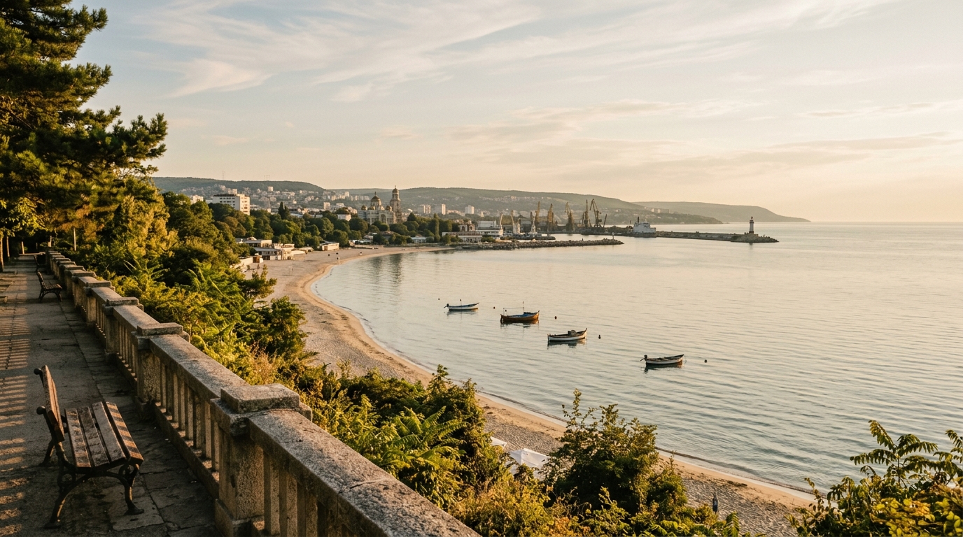 Varna's Black Sea coastline viewed from the Sea Garden promenade, summer light over calm water