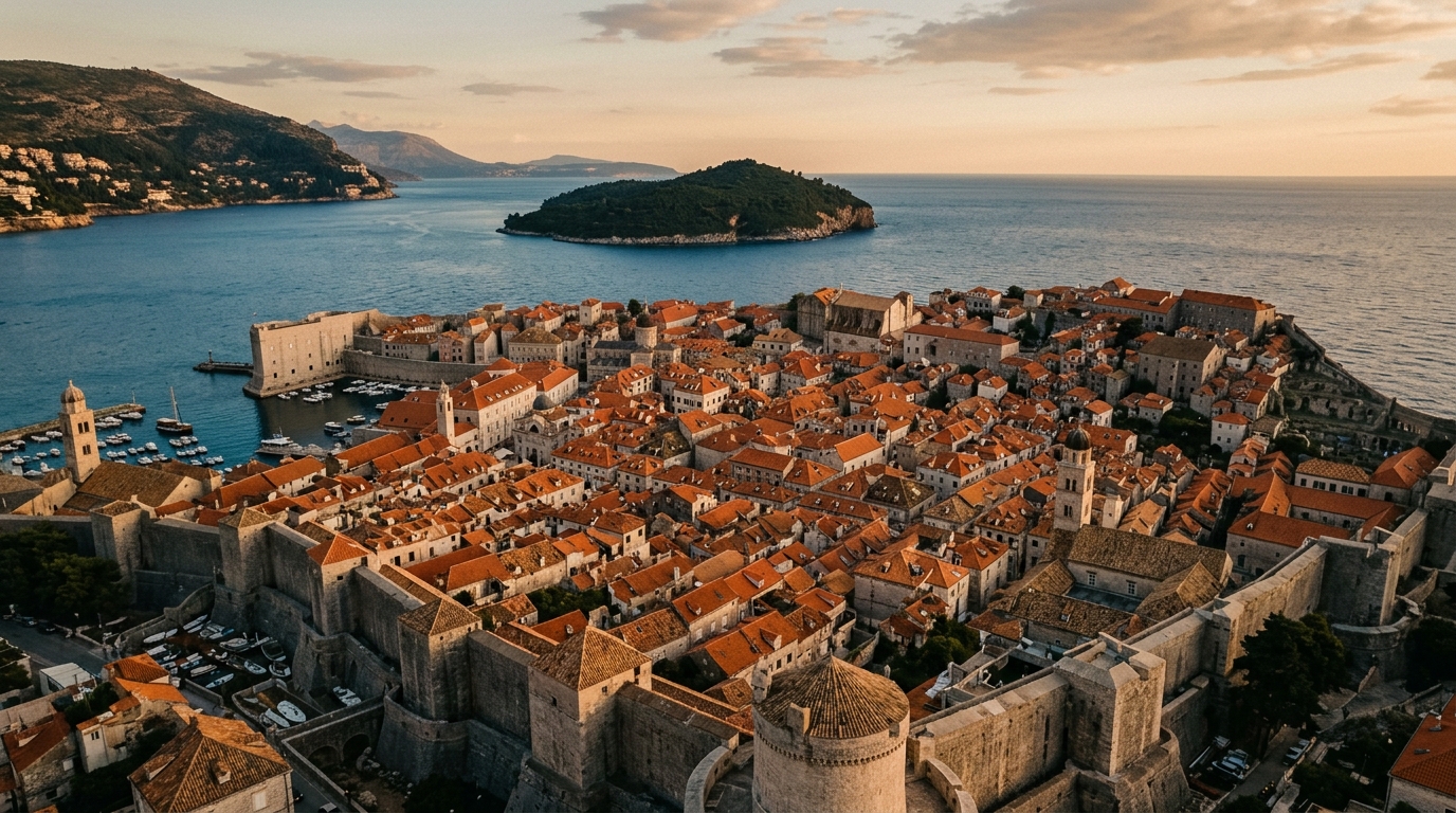 Dubrovnik old town walls and terracotta rooftops with the Adriatic Sea beyond