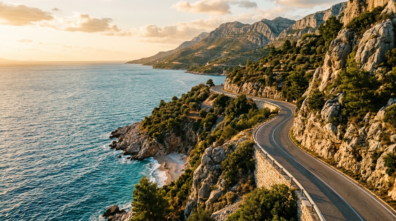 Scenic coastal road along the Adriatic cliffs south of Dubrovnik