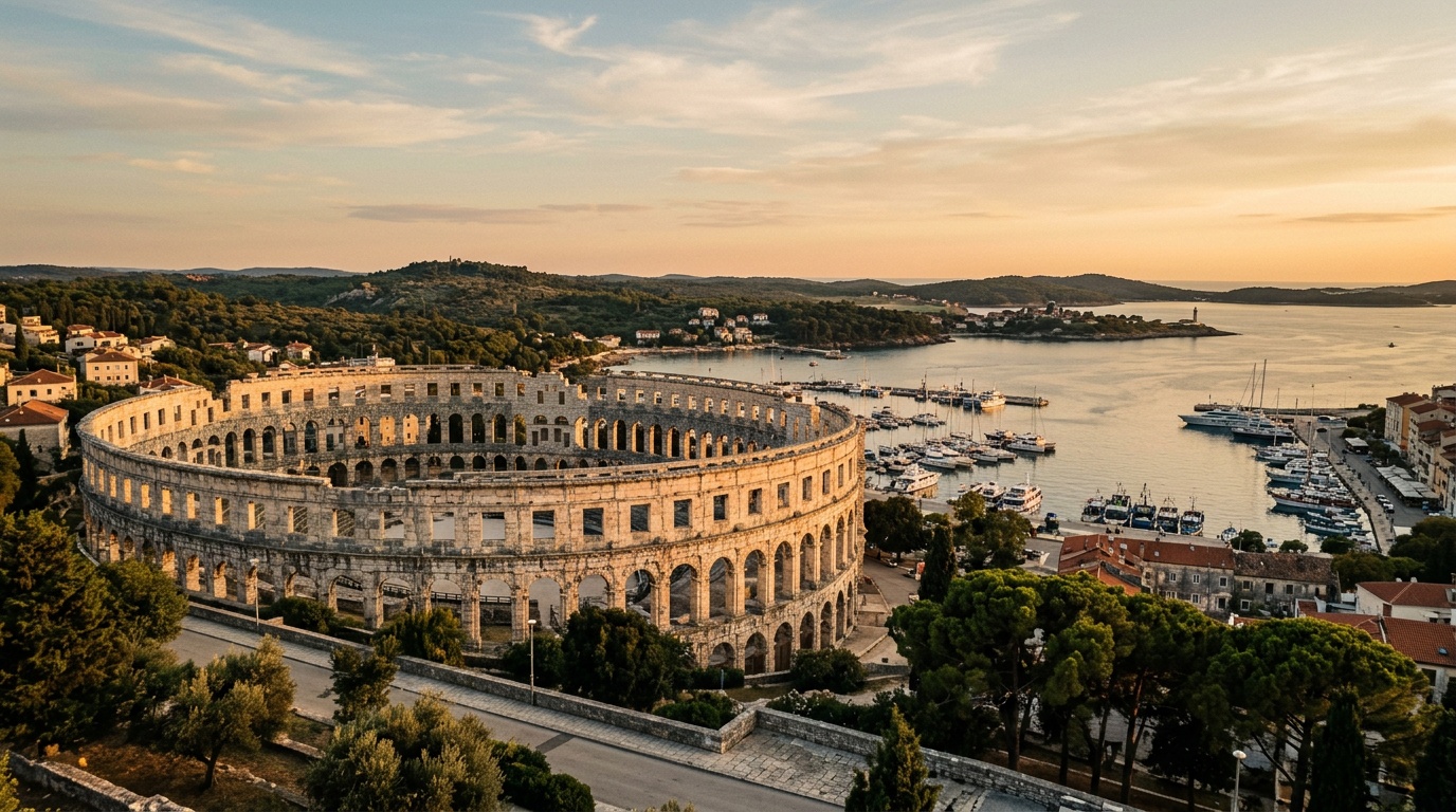 Pula's Roman amphitheater with the harbor and the Istrian coastline in the background