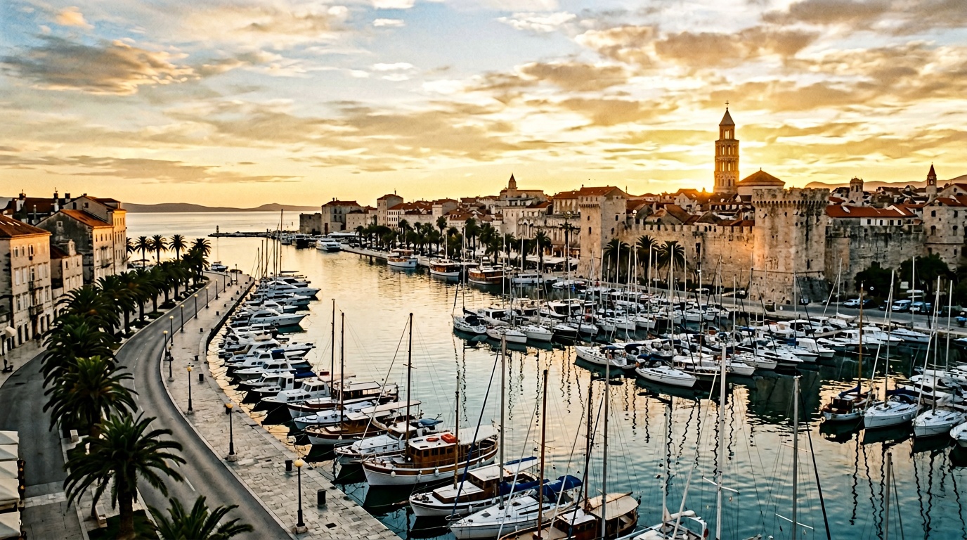 Split waterfront promenade with Diocletian's Palace and the harbor full of boats