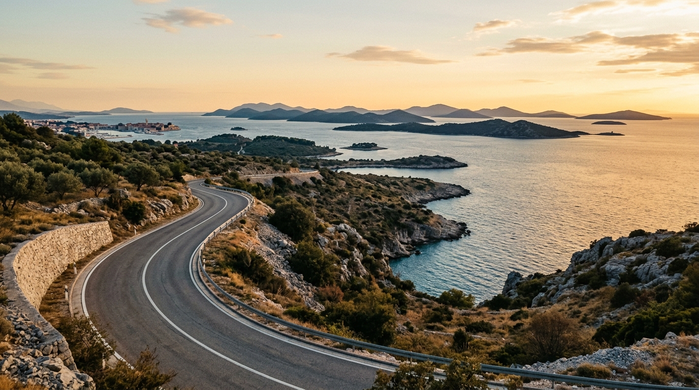 Coastal road along the northern Dalmatian coast near Zadar with islands in the distance