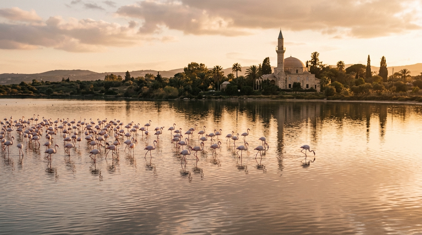 Larnaca salt lake with flamingos and the Hala Sultan Tekke mosque in the background