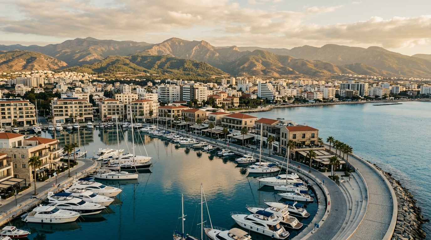Limassol new marina and waterfront with the Troodos Mountains visible in the background