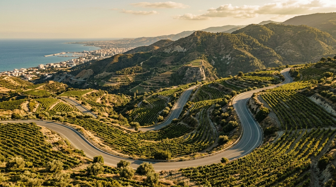 Troodos mountain road winding through vineyards above Limassol