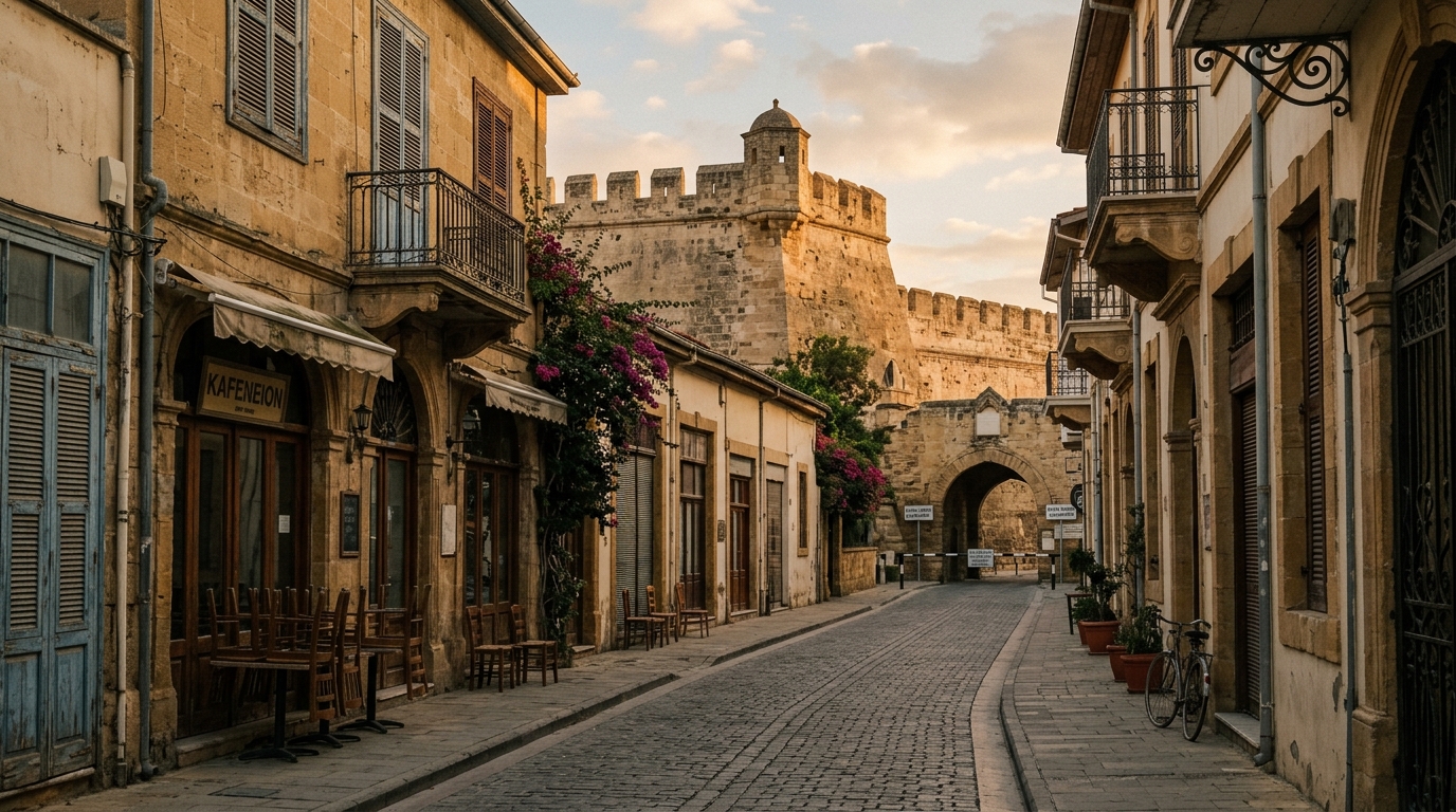 Nicosia old town street near the Ledra crossing with the Venetian walls visible