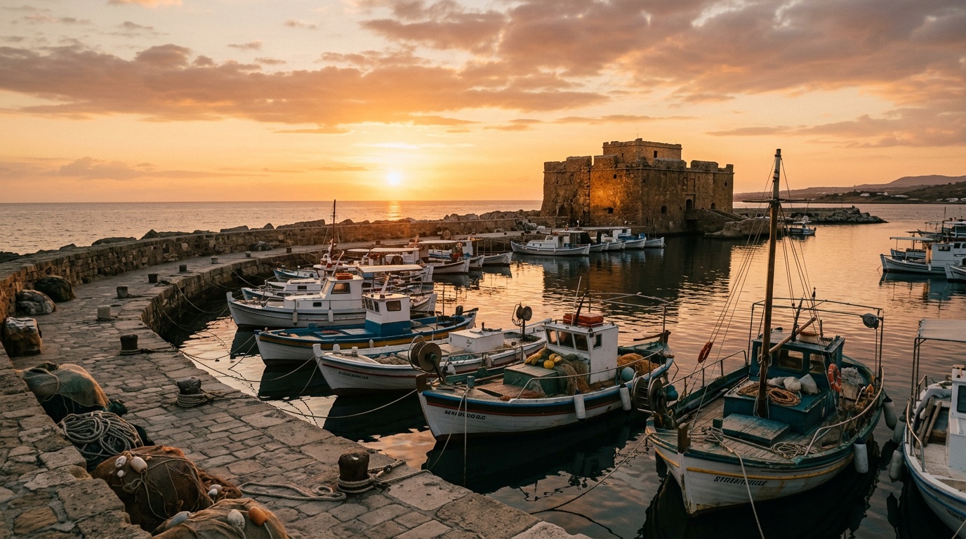 Paphos harbor with the medieval castle and fishing boats at sunset