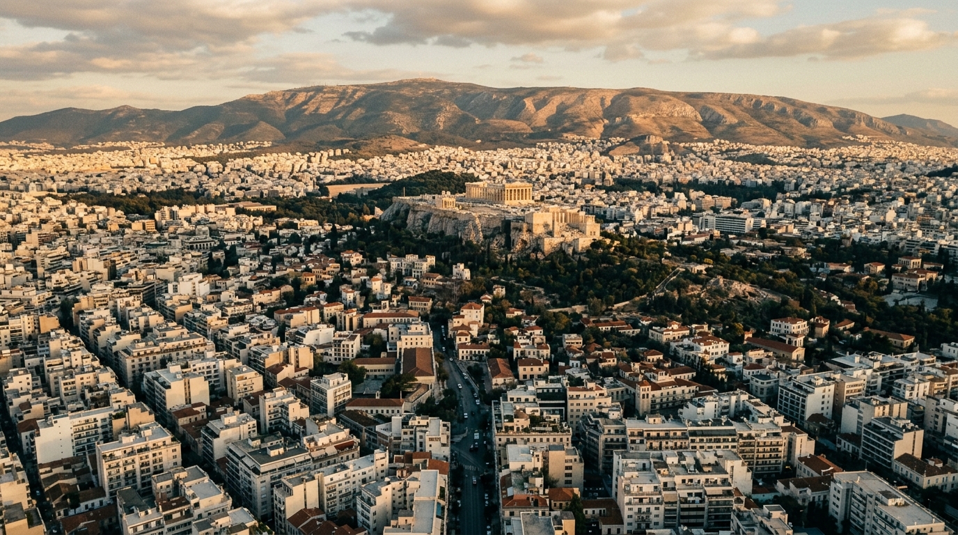 Athens aerial view with the Acropolis visible above the urban sprawl and mountains in the background