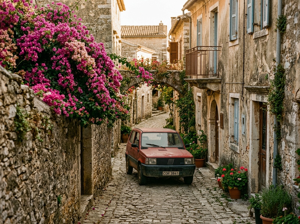 Narrow village street in Corfu's interior with a small car squeezing past stone walls and bougainvillea