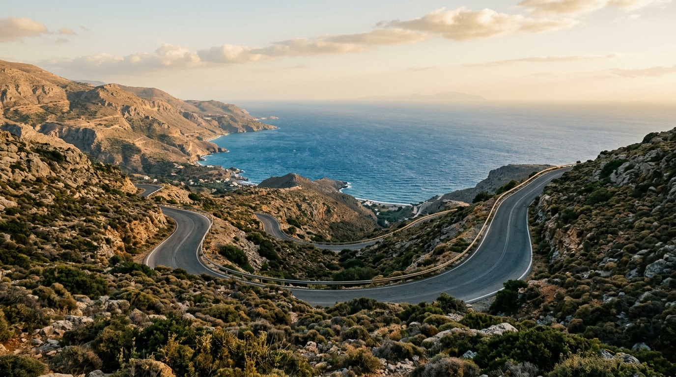 Winding mountain road in Crete with sea visible far below and rocky hillsides covered in scrub