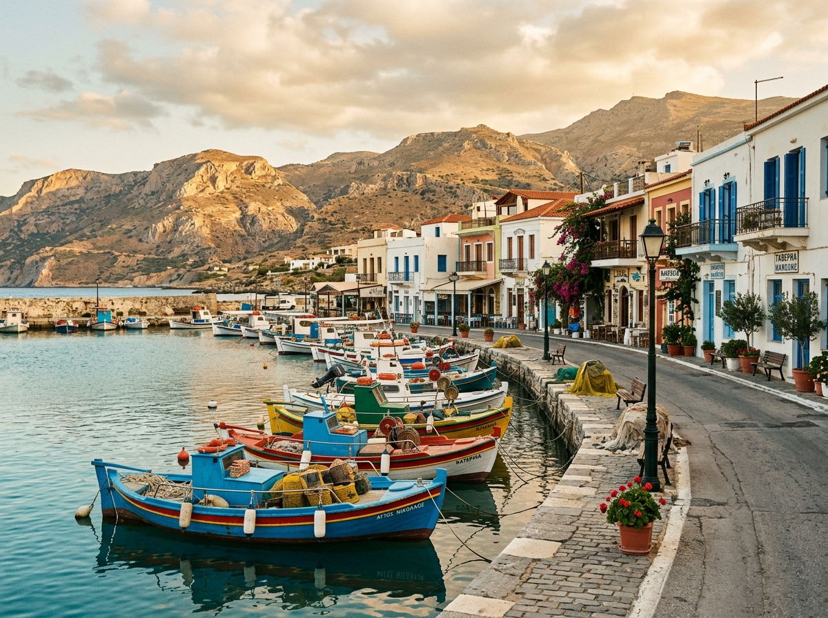 Small harbor town on Crete's south coast with colorful fishing boats and a narrow road along the waterfront