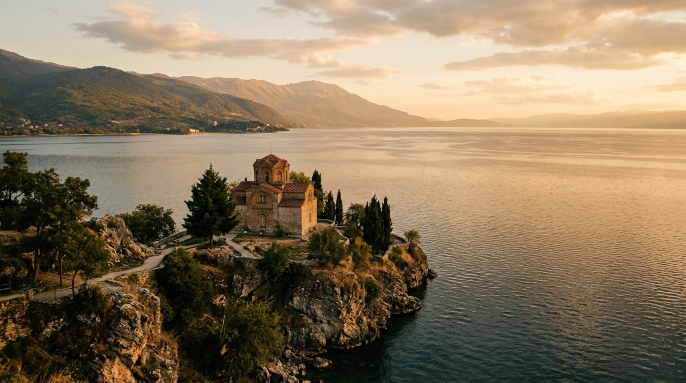 Lake Ohrid with the Church of St. John at Kaneo perched on the clifftop