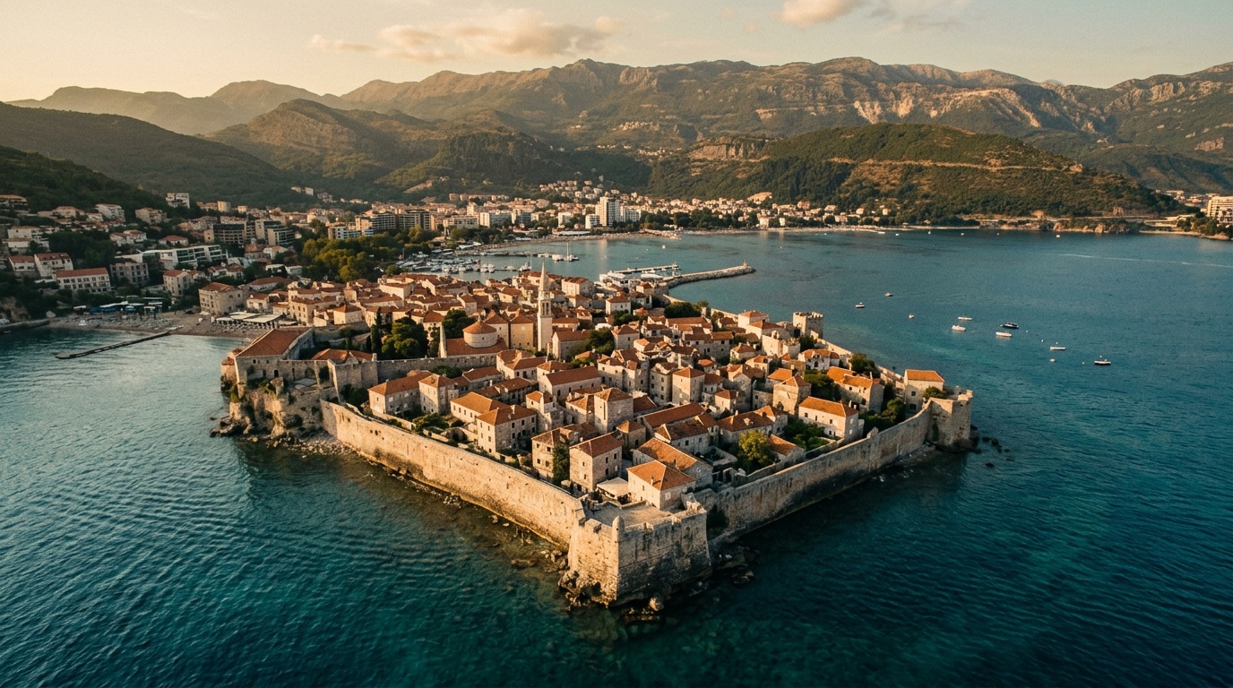 Budva old town peninsula viewed from above, walled city jutting into the Adriatic