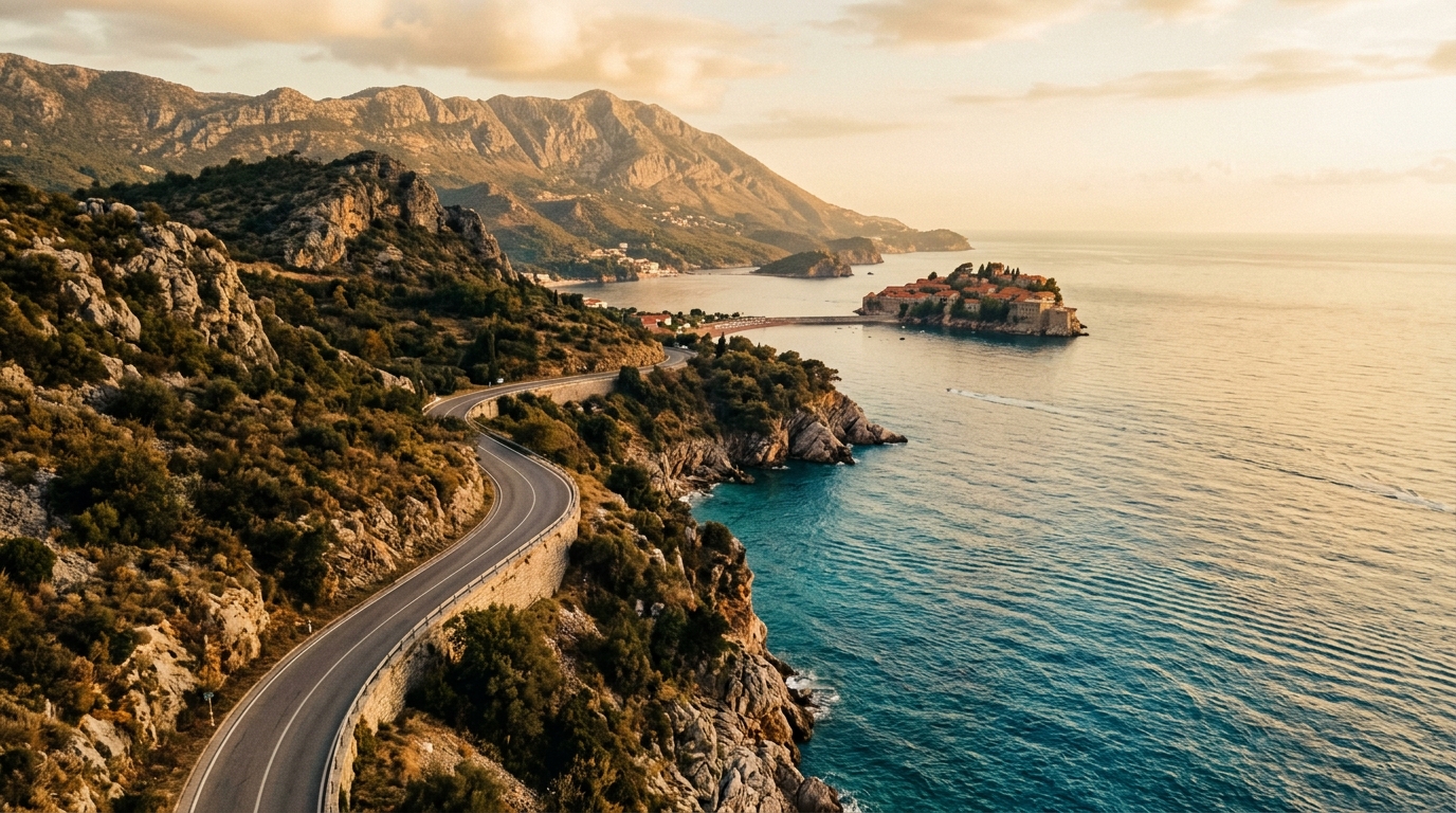 Narrow coastal road winding along the Montenegrin Adriatic coastline between Budva and Sveti Stefan