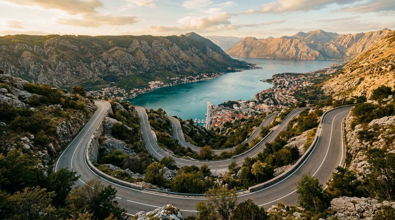 Winding mountain road climbing the Kotor serpentine with switchback turns above the bay