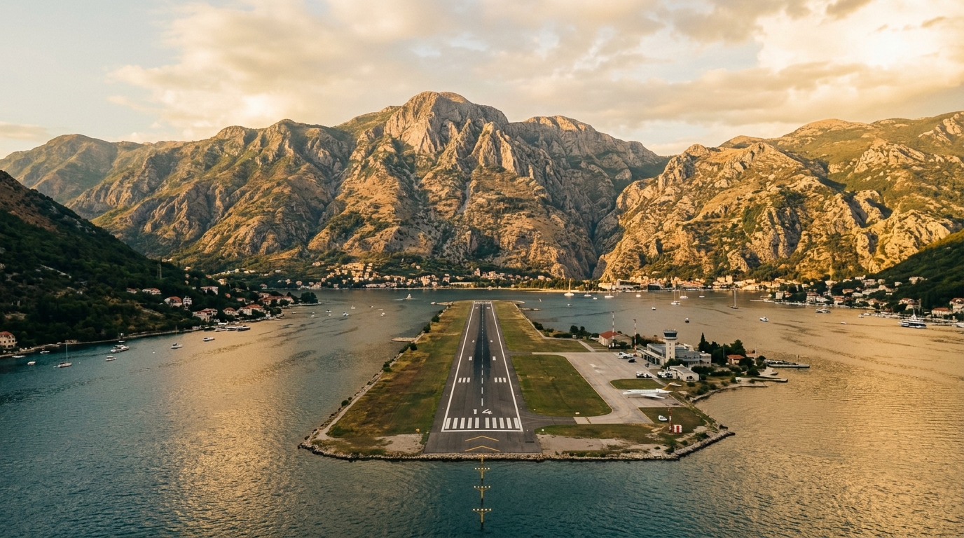 Tivat Airport with the Bay of Kotor mountains rising behind the runway
