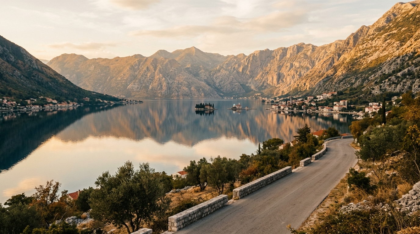 Bay of Kotor viewed from the road between Tivat and Perast, calm water reflecting mountains