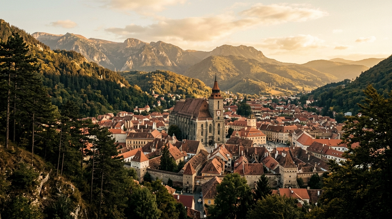 Brasov old town seen from Tampa Mountain, medieval rooftops and the Black Church surrounded by Carpathian foothills