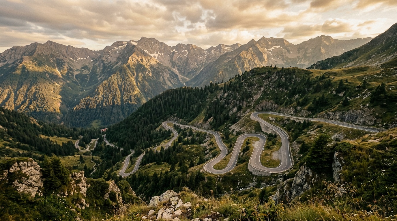 Transfagarasan highway switchbacks climbing through the Carpathian Mountains, dramatic alpine scenery