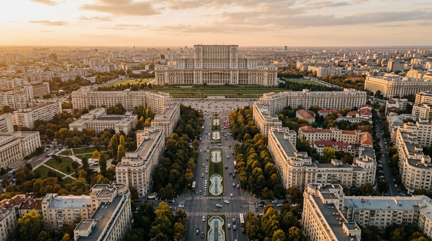 Aerial view of Bucharest boulevards with the Palace of Parliament in the background