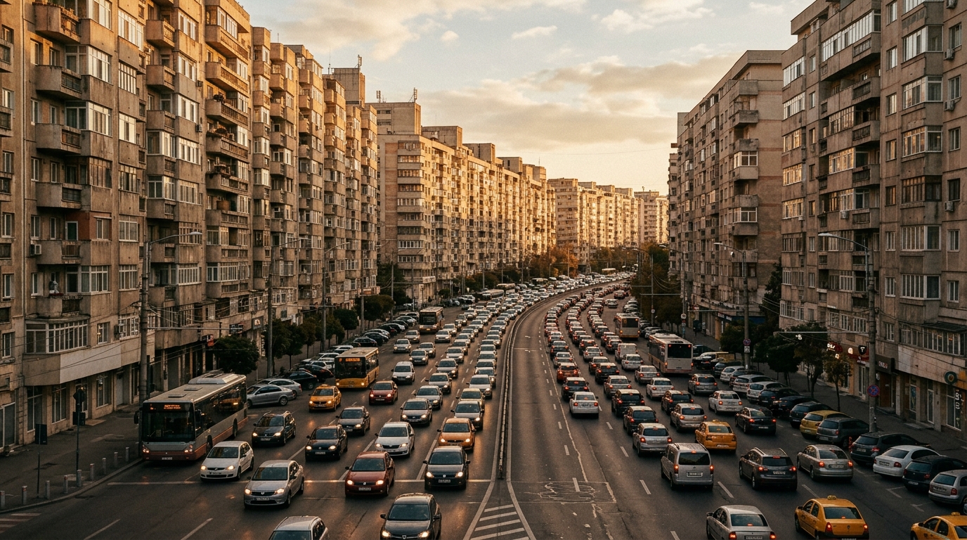 Dense Bucharest traffic on a wide boulevard with communist-era apartment blocks lining both sides