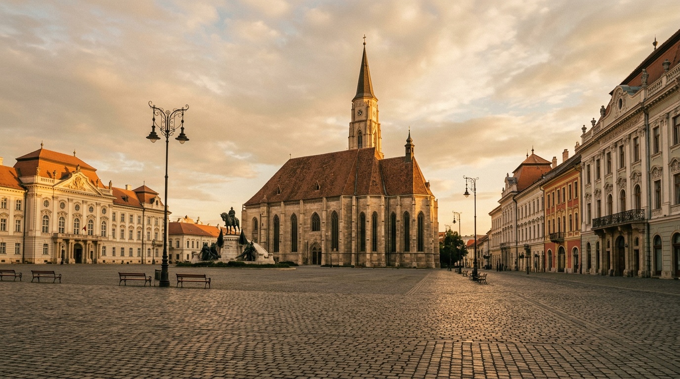 Cluj-Napoca main square with Saint Michael's Church and surrounding Austro-Hungarian architecture