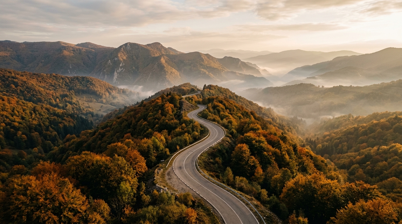 Winding road through the Apuseni Mountains in autumn, forested hills with mist in the valleys