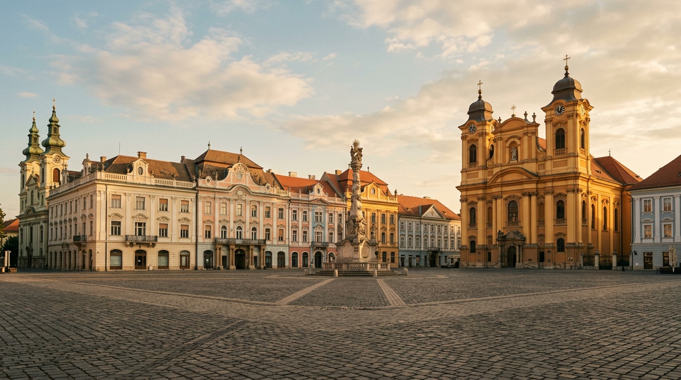 Timisoara Union Square with the baroque Catholic Cathedral and surrounding pastel buildings