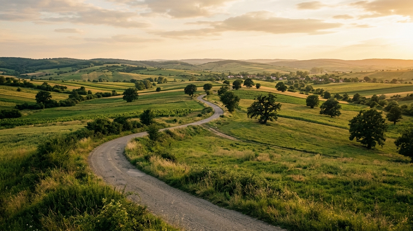 Country road through the Banat hills south of Timisoara, green farmland with scattered oak trees