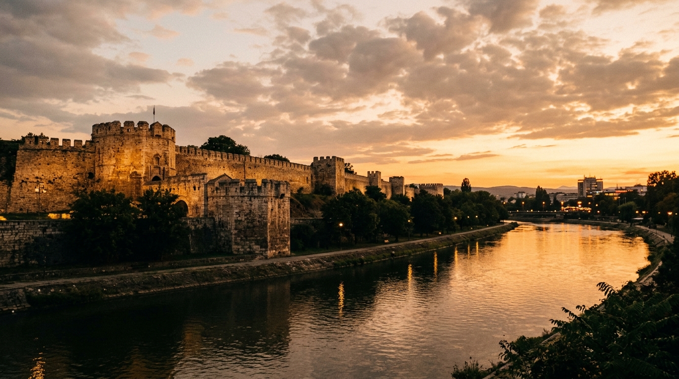 Nis Fortress walls along the Nisava river at sunset