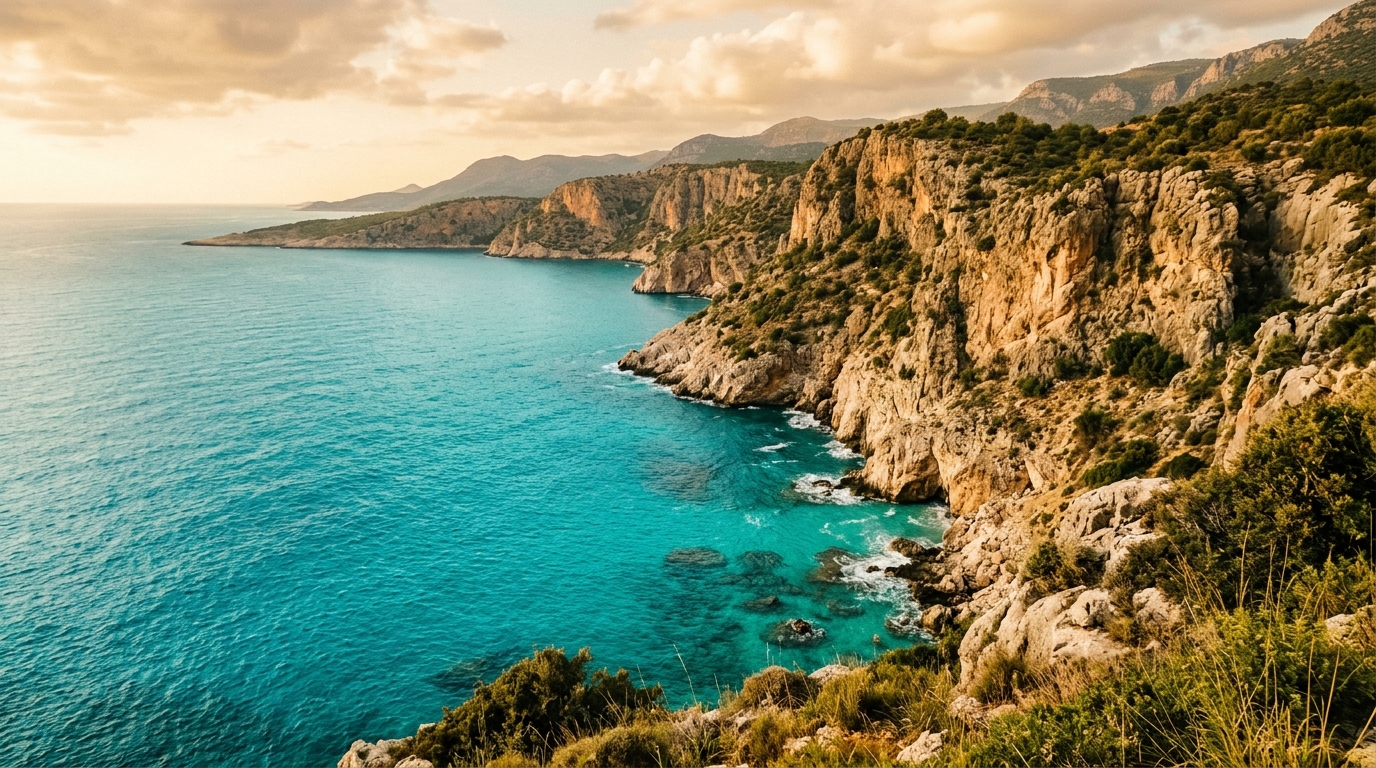 Turkish Riviera coastline with turquoise water and dramatic cliffs near Antalya
