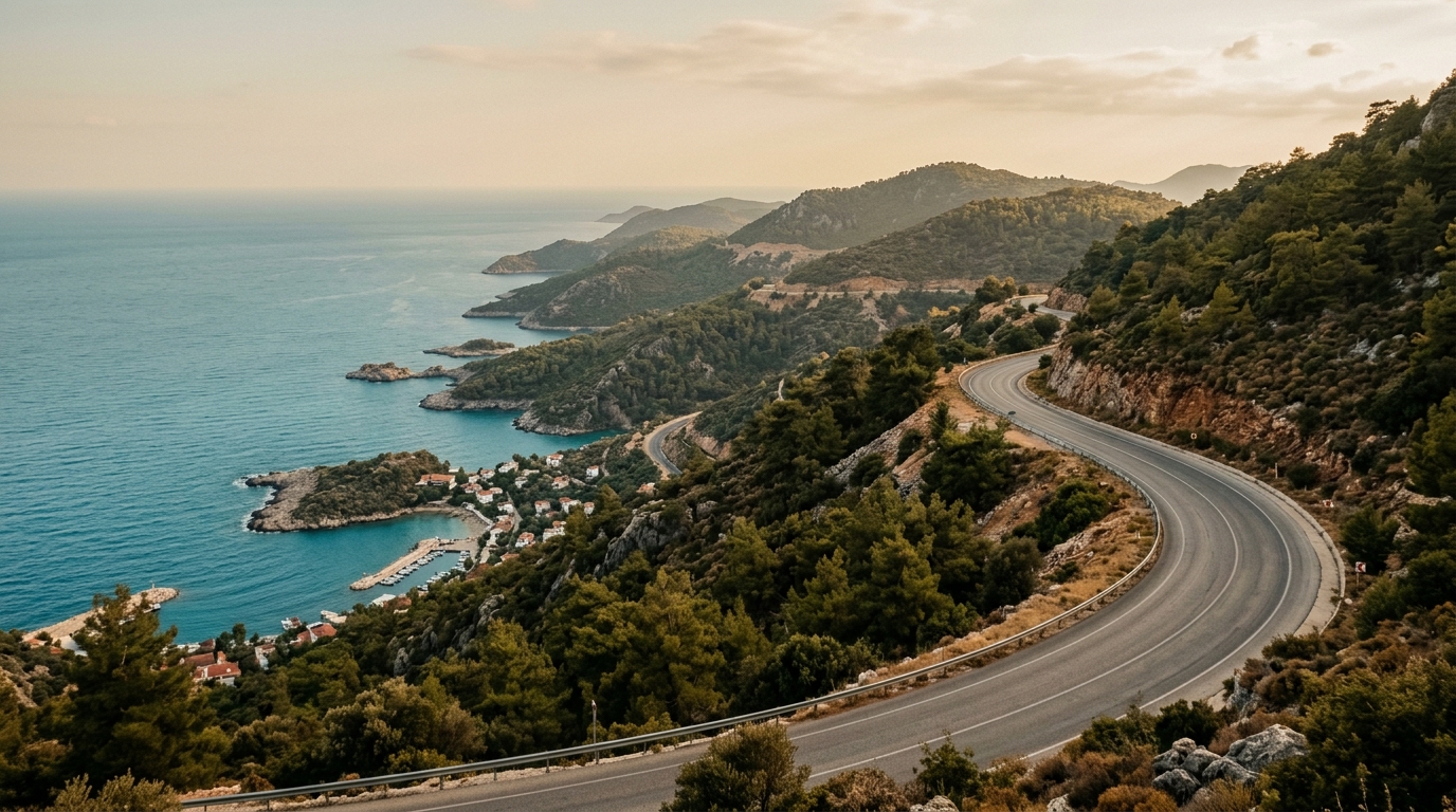 Winding D400 highway along the Lycian coast with pine-covered hills and Mediterranean below