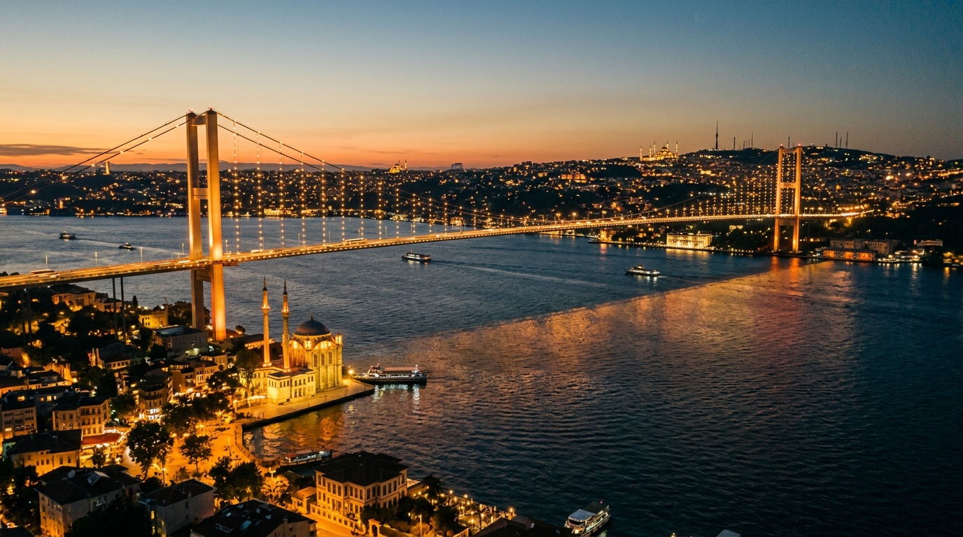 Istanbul Bosphorus bridge at dusk with city lights reflecting on the water