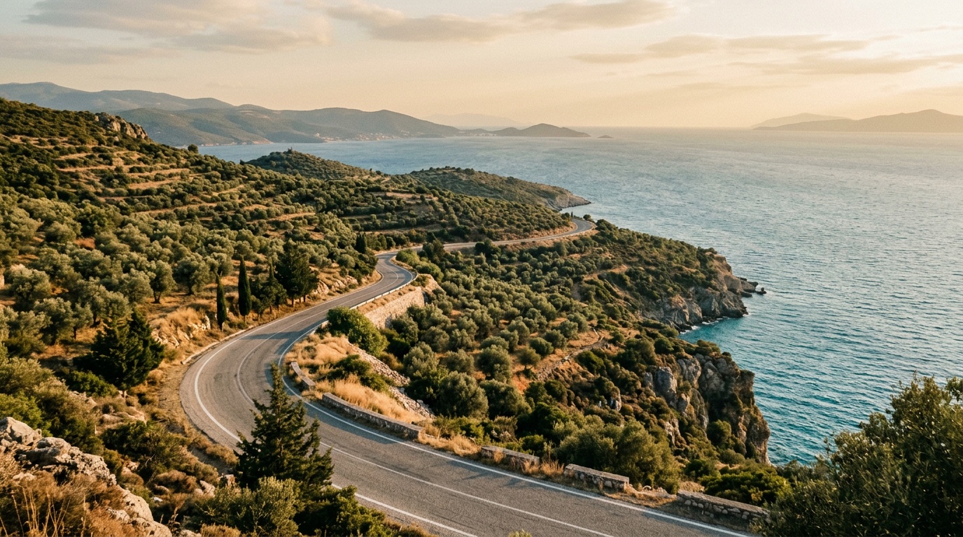 Aegean coastal road near Izmir with olive groves and blue sea in the distance